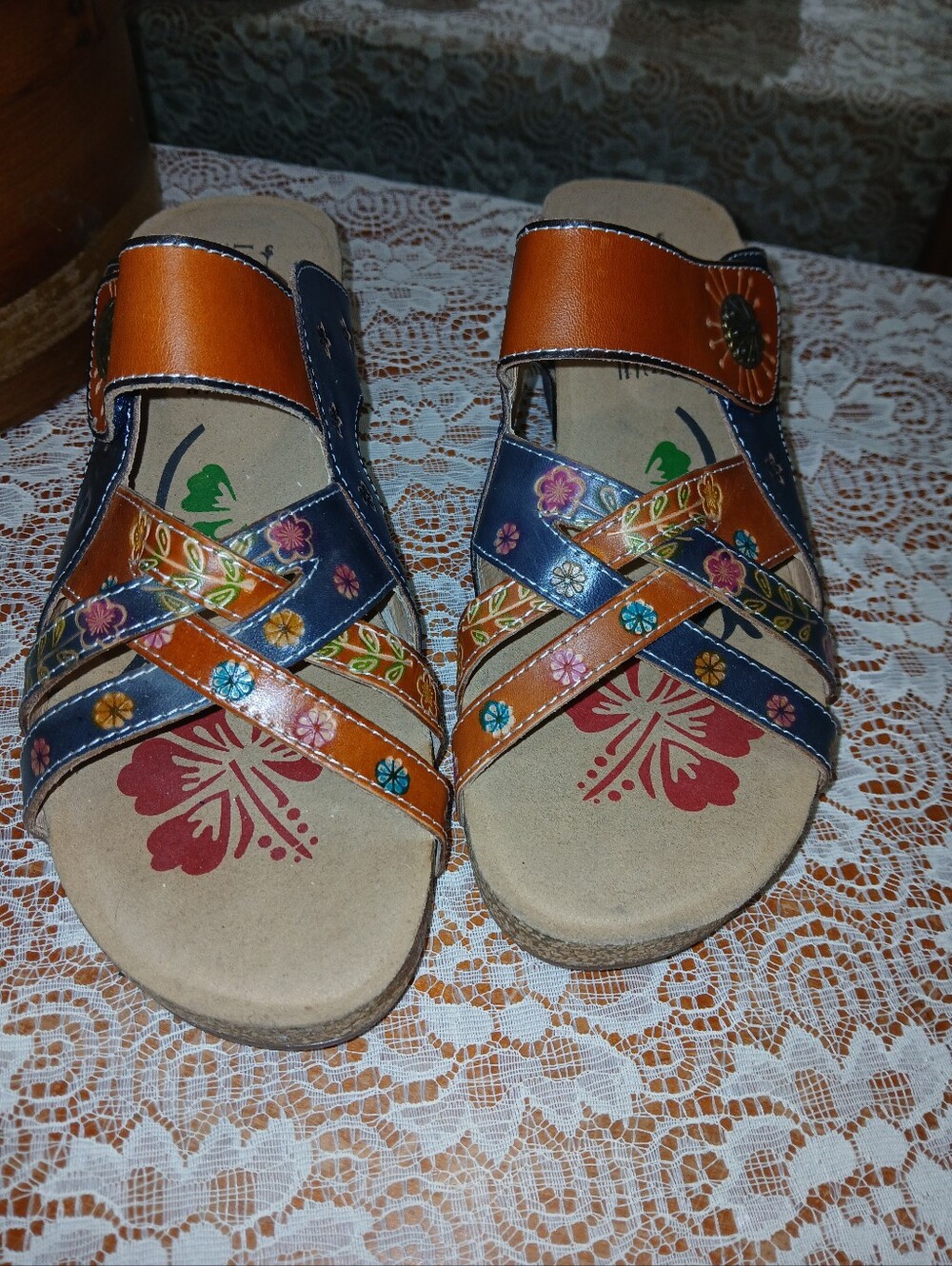 L'Artiste Spring Step Swan Floral Leather Wedge Sandals Size 40 - Picture 8 of 11